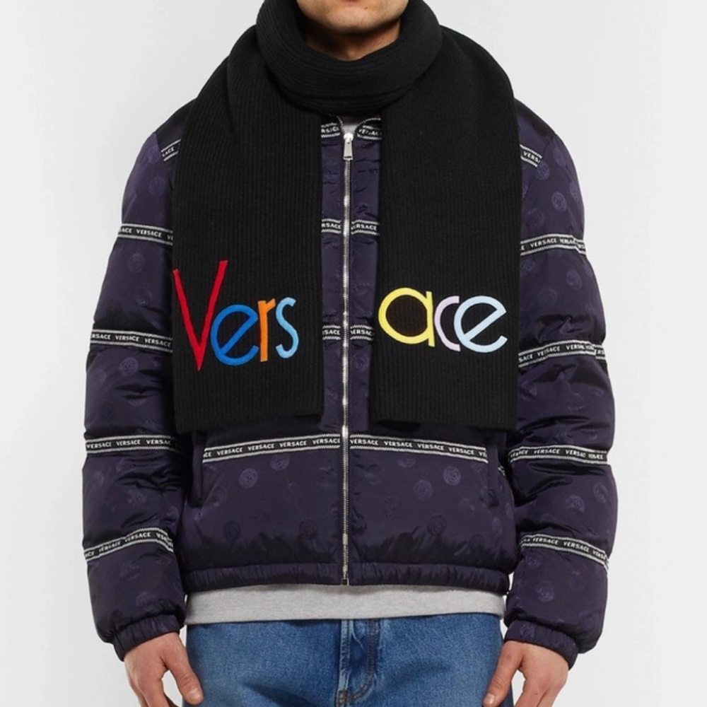 Versace - Logo-Embroidered Ribbed Wool Scarf - Men - Black